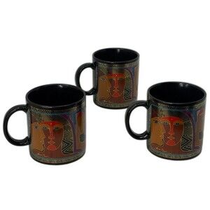 Vtg 3pc LAUREL BURCH "Ancient Ancestors" Coffee Tea Mug Black Gold Metallic 1988